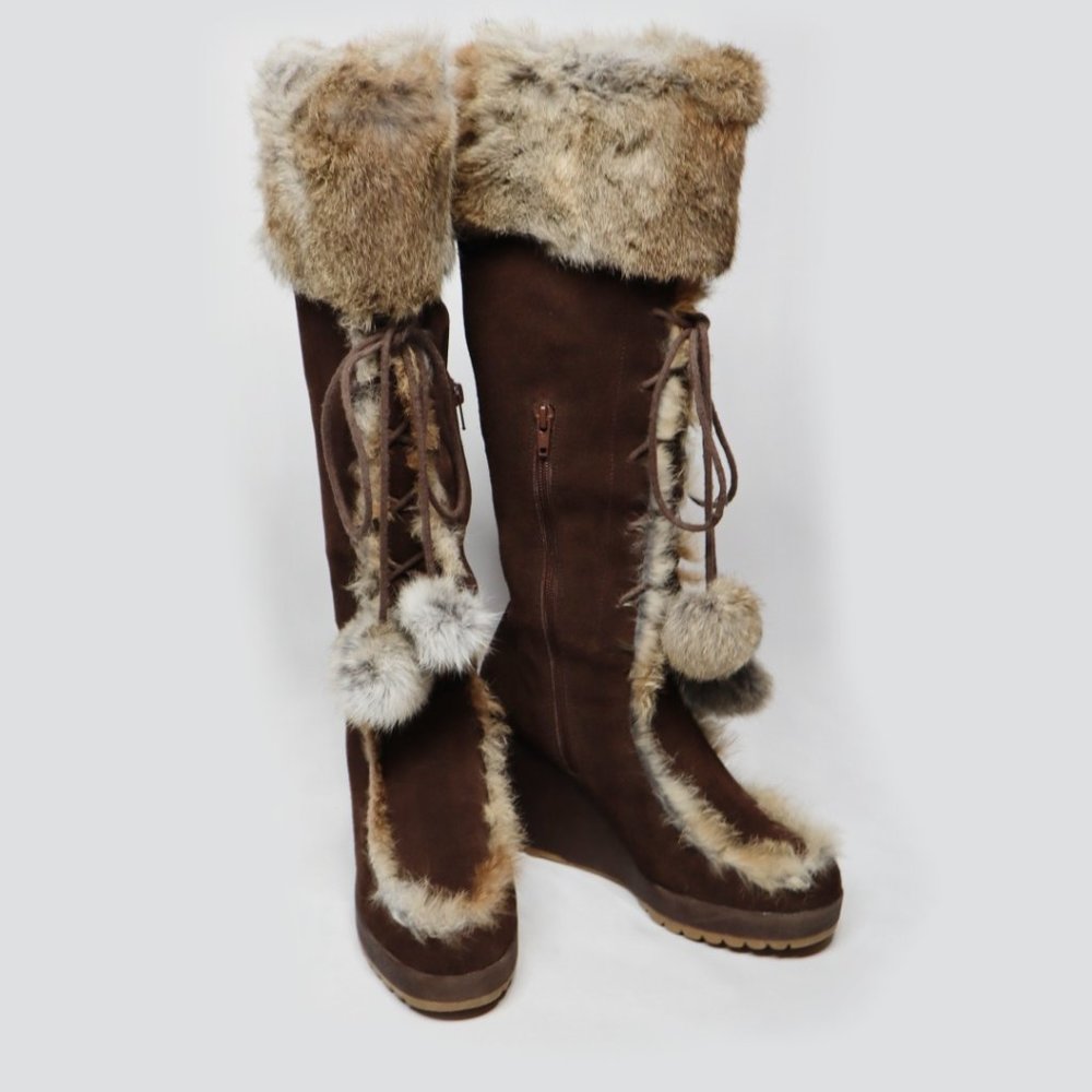 Zing Free Fur Trim Lace Up Pom Pom  Lace Up Boots